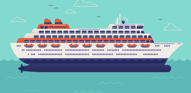A vector drawing of a cruise ship on the water.