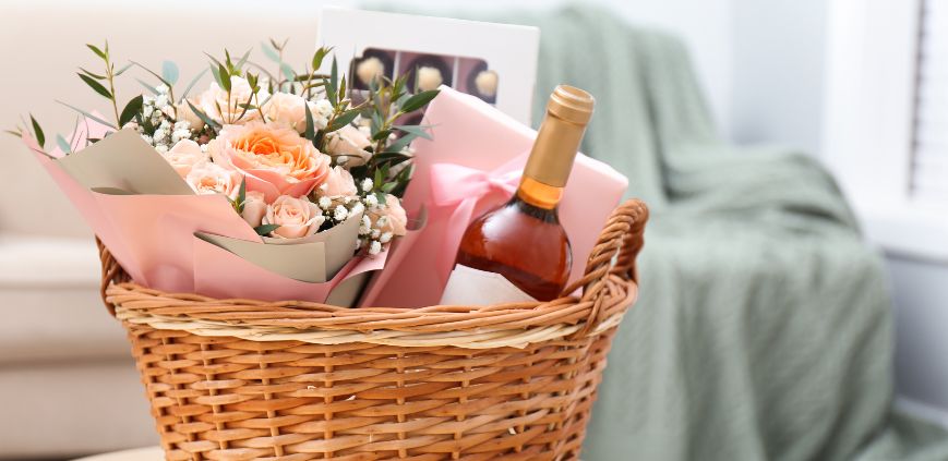 A gift basket filled with flowers and wine.