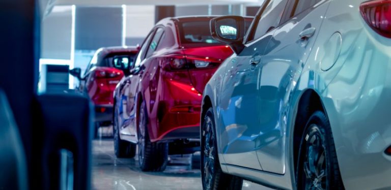 Brand new cars parked in a dealership